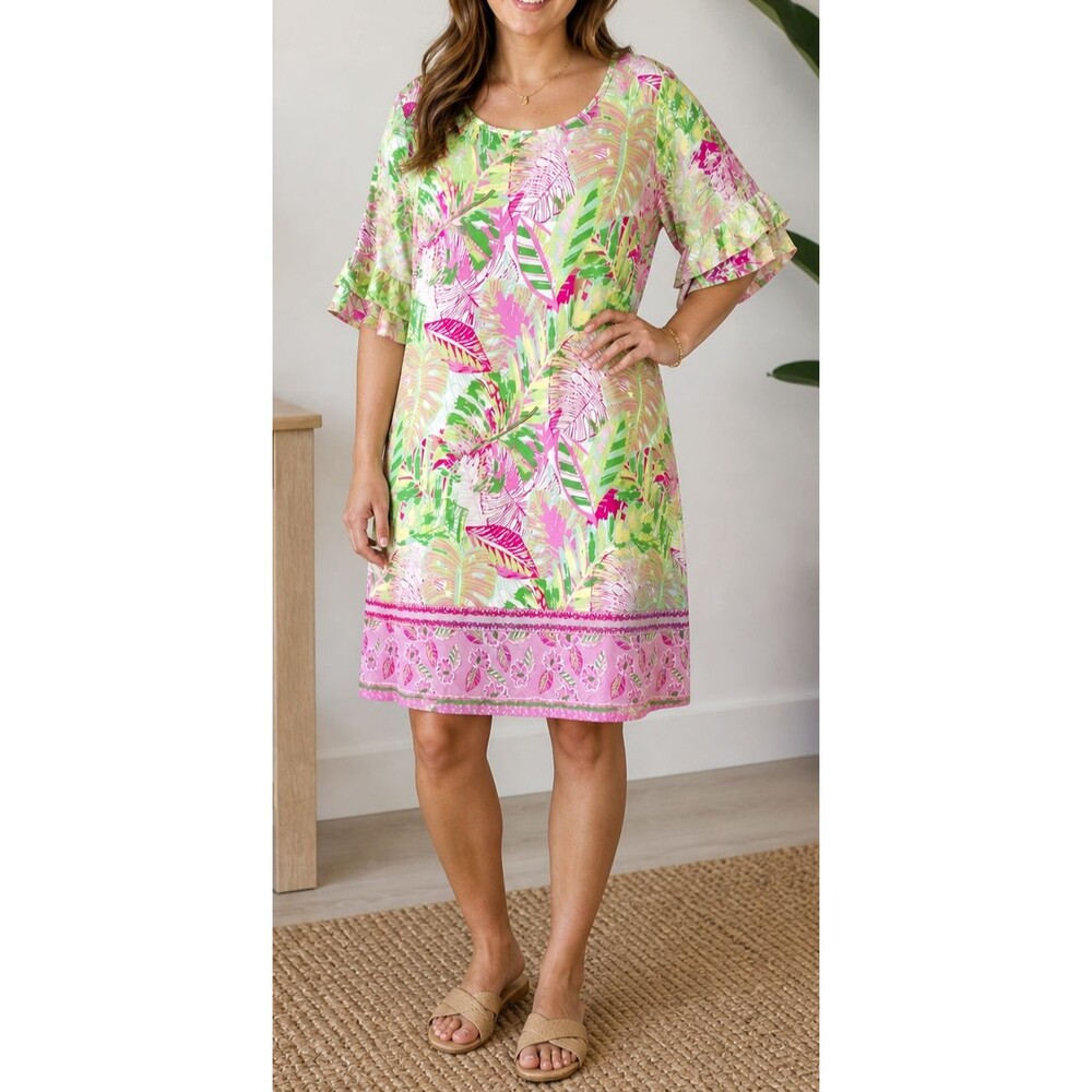 Pappagallo Womens Dress Sz XL Flutter Sleeve Ruffles Tropical